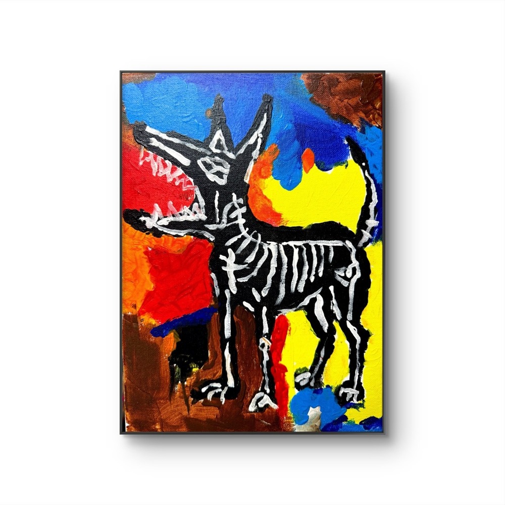 Papa Diouf Painting Skeleton Dog Graffiti Pop Art Multi 12x9 NEW